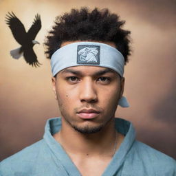 A light-skinned, African-American man with a taper hairstyle. He's wearing a Konoha headband, resembling an Uchiha from the Naruto manga. He's standing heroically with an enigmatic haze surrounding him, with eagles soaring around.