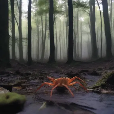 The eerie forest was veiled in darkness, with shadows of langoustes scuttling along the forest floor.