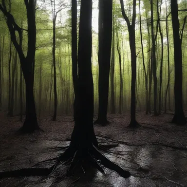 The eerie forest was veiled in darkness, with shadows of langoustes scuttling along the forest floor.