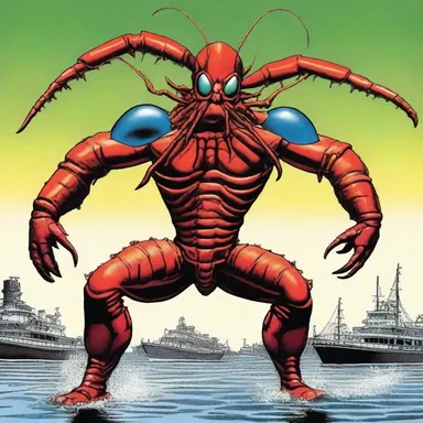 The superhero's archenemy, Lobster Man, transformed into a menacing langouste, ready to attack.