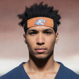 A light-skinned, African-American man with a taper hairstyle. He's wearing a Konoha headband, resembling an Uchiha from the Naruto manga. He's standing heroically with an enigmatic haze surrounding him, with eagles soaring around.