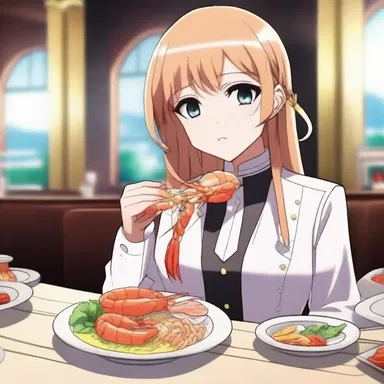 In the anime series, the character is seen enjoying a delicious langouste dish at a luxurious restaurant.