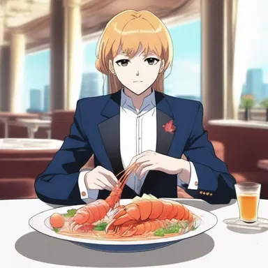 In the anime series, the character is seen enjoying a delicious langouste dish at a luxurious restaurant.