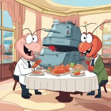 In the cartoon show, the mischievous main characters accidentally release a tank full of langoustes into a fancy restaurant, causing chaos and hilarity.