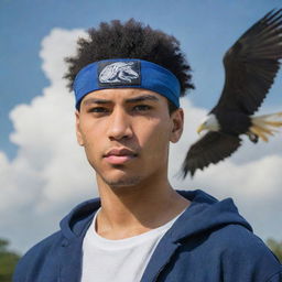 A light-skinned, African-American man with a taper hairstyle. He's wearing a Konoha headband, resembling an Uchiha from the Naruto manga. He's standing heroically with an enigmatic haze surrounding him, with eagles soaring around.