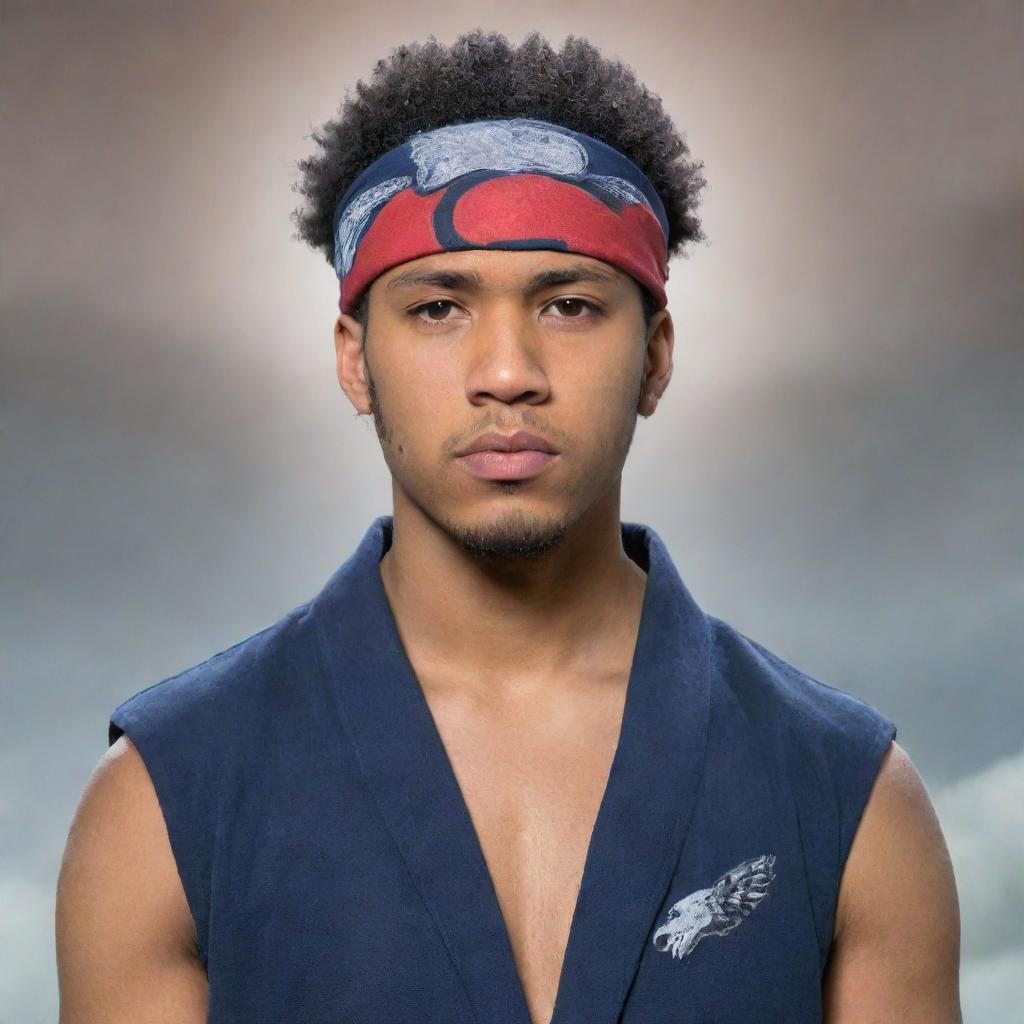 A light-skinned, African-American man with a taper hairstyle. He's wearing a Konoha headband, resembling an Uchiha from the Naruto manga. He's standing heroically with an enigmatic haze surrounding him, with eagles soaring around.