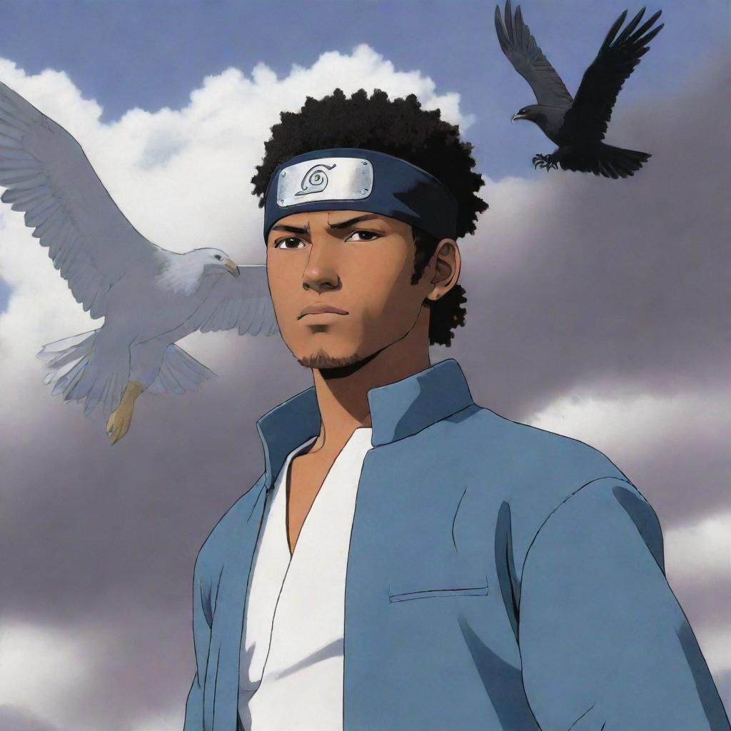 In a Naruto manga panel style, depict a light-skinned African-American man with a taper hairstyle and a Konoha headband, bearing a resemblance to an Uchiha. The man stands in an epic area, a mystic haze and soaring eagles around him.