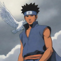 In a Naruto manga panel style, depict a light-skinned African-American man with a taper hairstyle and a Konoha headband, bearing a resemblance to an Uchiha. The man stands in an epic area, a mystic haze and soaring eagles around him.