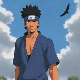 In a Naruto manga panel style, depict a light-skinned African-American man with a taper hairstyle and a Konoha headband, bearing a resemblance to an Uchiha. The man stands in an epic area, a mystic haze and soaring eagles around him.