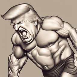 Increase the muscularity of the caricature of Donald Trump further, emphasizing intensely developed muscles.