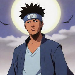 In a Naruto manga panel style, depict a light-skinned African-American man with a taper hairstyle and a Konoha headband, bearing a resemblance to an Uchiha. The man stands in an epic area, a mystic haze and soaring eagles around him.