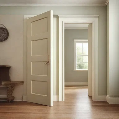 The preposition of a doorway creates a transition between two rooms.