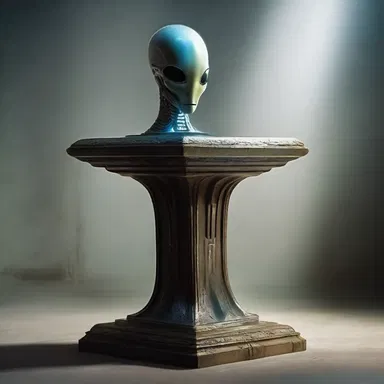 The alien artifact was carefully placed on the pedestal, emitting a faint glow and mysterious energy.