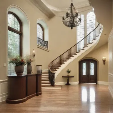 The grand staircase was strategically placed in the center of the foyer, creating a dramatic entrance.