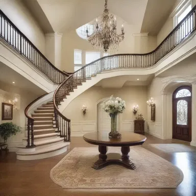 The grand staircase was strategically placed in the center of the foyer, creating a dramatic entrance.