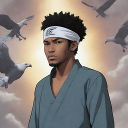 Illustrate a Naruto-style manga panel featuring a light-skinned African-American man with a taper hairstyle, wearing a Konoha headband. He stands in a dramatic setting, shrouded by a mystic haze with eagles flying around him.