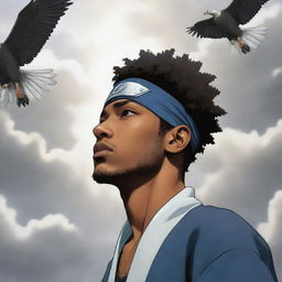 Illustrate a Naruto-style manga panel featuring a light-skinned African-American man with a taper hairstyle, wearing a Konoha headband. He stands in a dramatic setting, shrouded by a mystic haze with eagles flying around him.