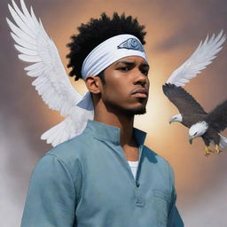 Illustrate a Naruto-style manga panel featuring a light-skinned African-American man with a taper hairstyle, wearing a Konoha headband. He stands in a dramatic setting, shrouded by a mystic haze with eagles flying around him.