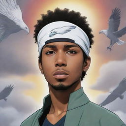 Illustrate a Naruto-style manga panel featuring a light-skinned African-American man with a taper hairstyle, wearing a Konoha headband. He stands in a dramatic setting, shrouded by a mystic haze with eagles flying around him.