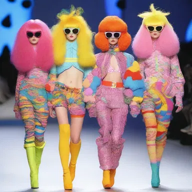 The fashion designer showcased an eccentric collection featuring models dressed up as goofballs with oversized clothing and colorful wigs.