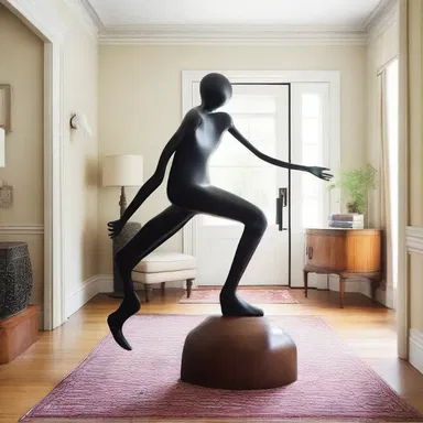 The designer added a touch of whimsy to the living room by placing a goofball sculpture in the corner.