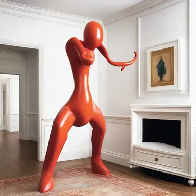 The designer added a touch of whimsy to the living room by placing a goofball sculpture in the corner.