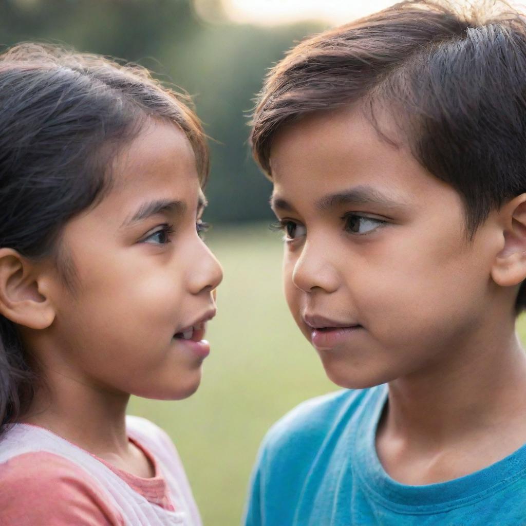 A young boy tenderly lifting up a girl, both of them gazing deeply into each other's eyes. The background is blurred, emphasizing their connection.