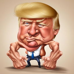 Increase the muscularity of the caricature of Donald Trump further, emphasizing intensely developed muscles.