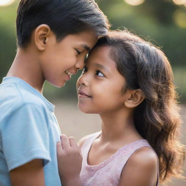 A young boy tenderly lifting up a girl, both of them gazing deeply into each other's eyes. The background is blurred, emphasizing their connection.