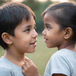 A young boy tenderly lifting up a girl, both of them gazing deeply into each other's eyes. The background is blurred, emphasizing their connection.