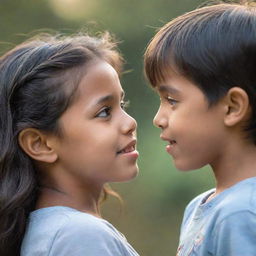 A young boy tenderly lifting up a girl, both of them gazing deeply into each other's eyes. The background is blurred, emphasizing their connection.