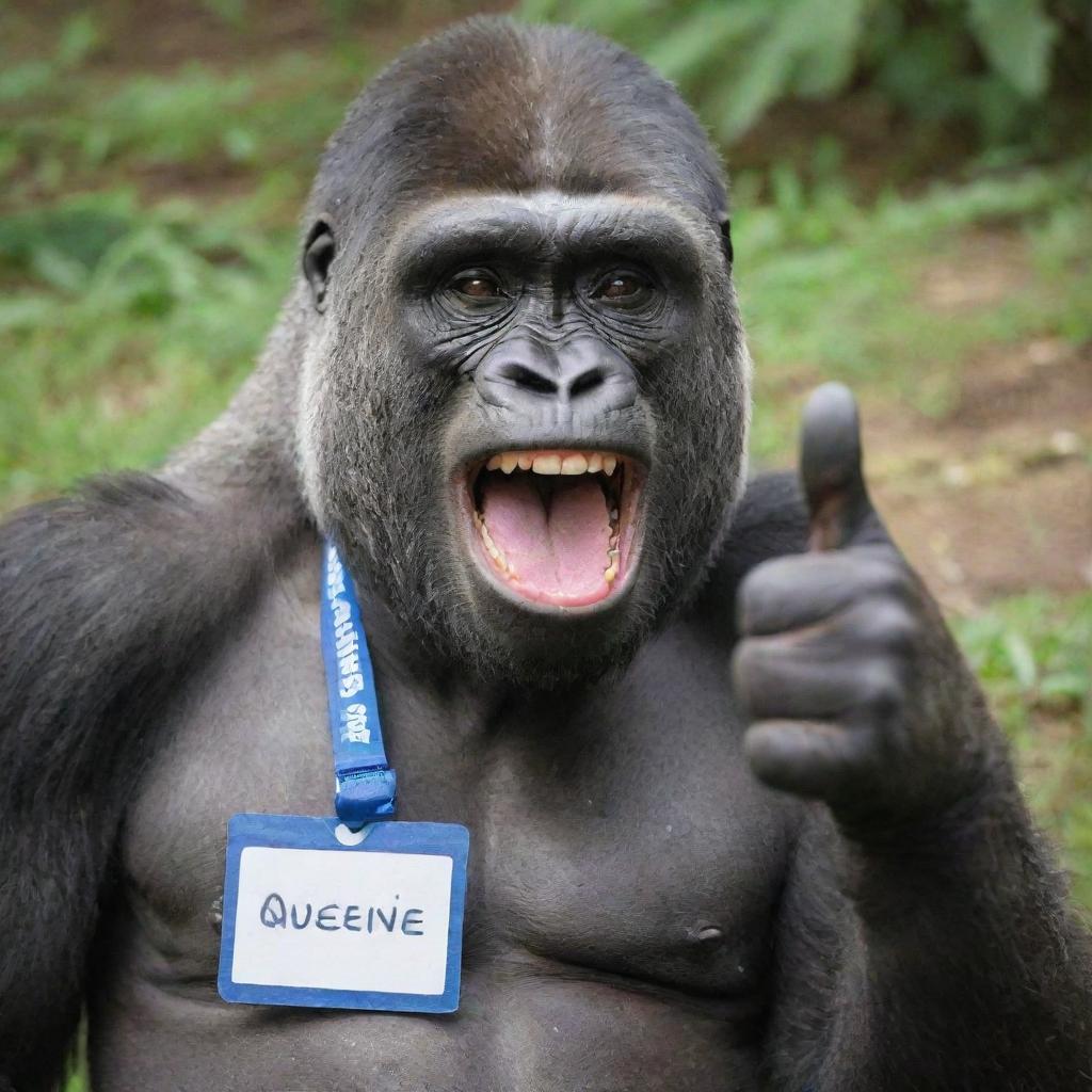 A cheerfully expressive gorilla giving a thumbs up, wearing a name tag that reads 'Queenie'.