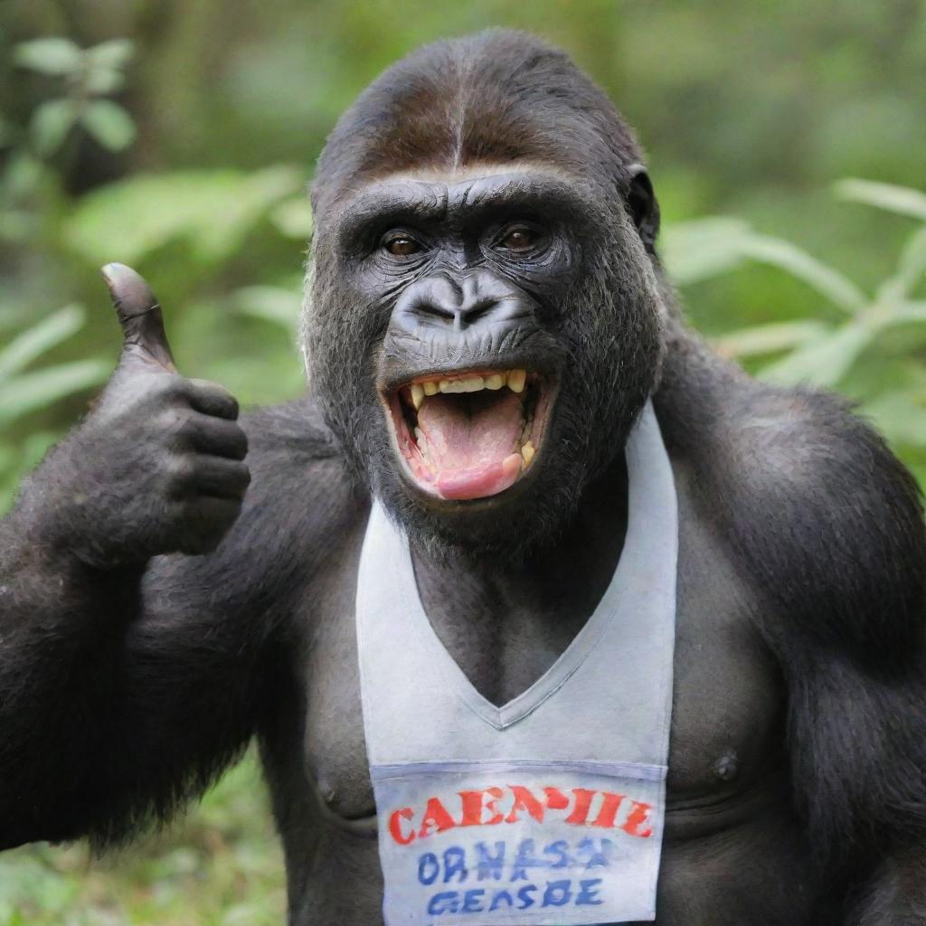 A cheerfully expressive gorilla giving a thumbs up, wearing a name tag that reads 'Queenie'.