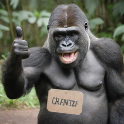 A cheerfully expressive gorilla giving a thumbs up, wearing a name tag that reads 'Queenie'.