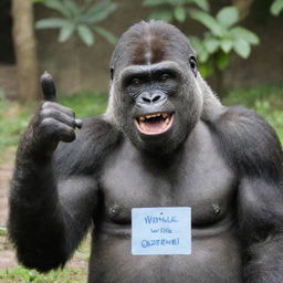 A cheerfully expressive gorilla giving a thumbs up, wearing a name tag that reads 'Queenie'.