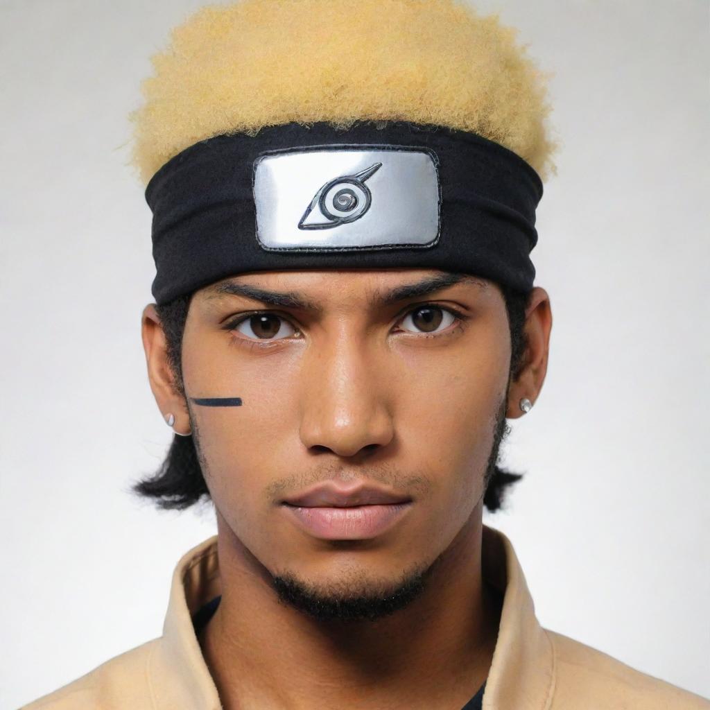 Create a Naruto-style manga panel featuring a light-skinned African-American man with a taper hairstyle, wearing a Konoha headband. He has the strong and distinctive aura of the series' characters.