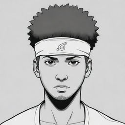 Create a Naruto-style manga panel featuring a light-skinned African-American man with a taper hairstyle, wearing a Konoha headband. He has the strong and distinctive aura of the series' characters.