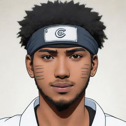 Create a Naruto-style manga panel featuring a light-skinned African-American man with a taper hairstyle, wearing a Konoha headband. He has the strong and distinctive aura of the series' characters.