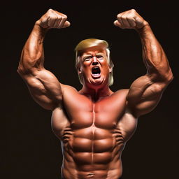 Increase the muscularity of the caricature of Donald Trump further, emphasizing intensely developed muscles.