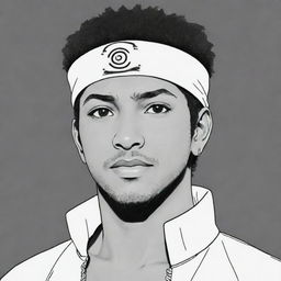 Create a Naruto-style manga panel featuring a light-skinned African-American man with a taper hairstyle, wearing a Konoha headband. He has the strong and distinctive aura of the series' characters.