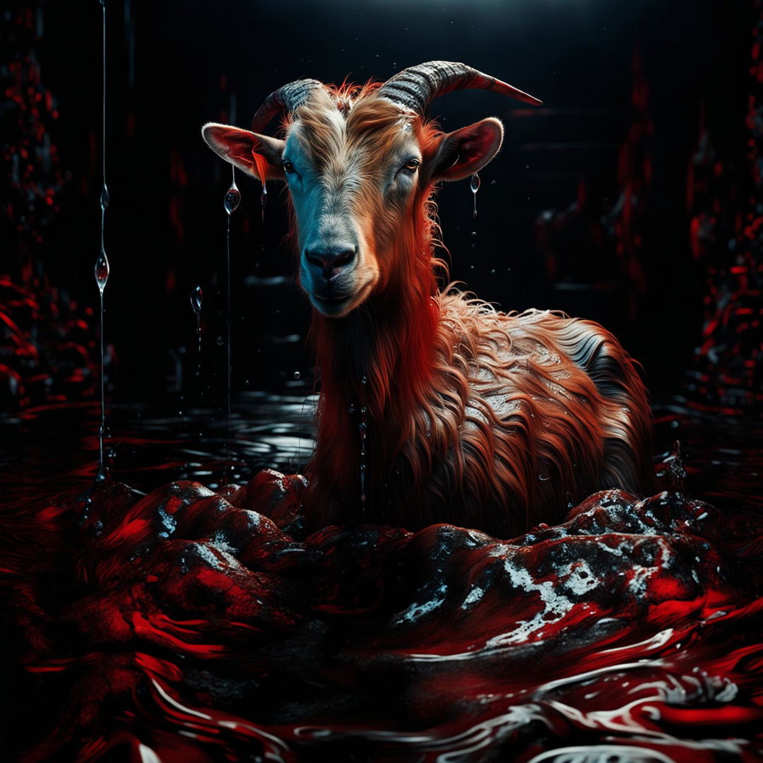 Retain the intricate detail of the photorealistic goat and dreamlike setting, but infuse the scene with a horrifying aesthetic. Incorporate ambient red lighting and visible water droplets. The image's beauty, intricacy and suspense should send chills down any viewer's spine.