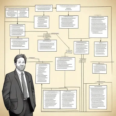 For a funny sketch, the comedian presented an absurd organization chart of a pretend company that had ridiculous lines of responsibility.