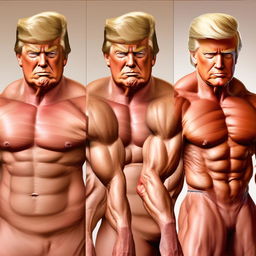 Increase the muscularity of the caricature of Donald Trump further, emphasizing intensely developed muscles.