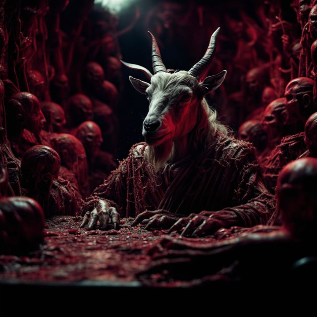 Maintain the intricate, detailed, horrifying aesthetic of the goat in the red-lit, dreamlike setting. Enhance the scene with suspenseful, satanic overtones as the goat awaits the birth of the Antichrist. Craft one of the most cinematic scenes of all time.