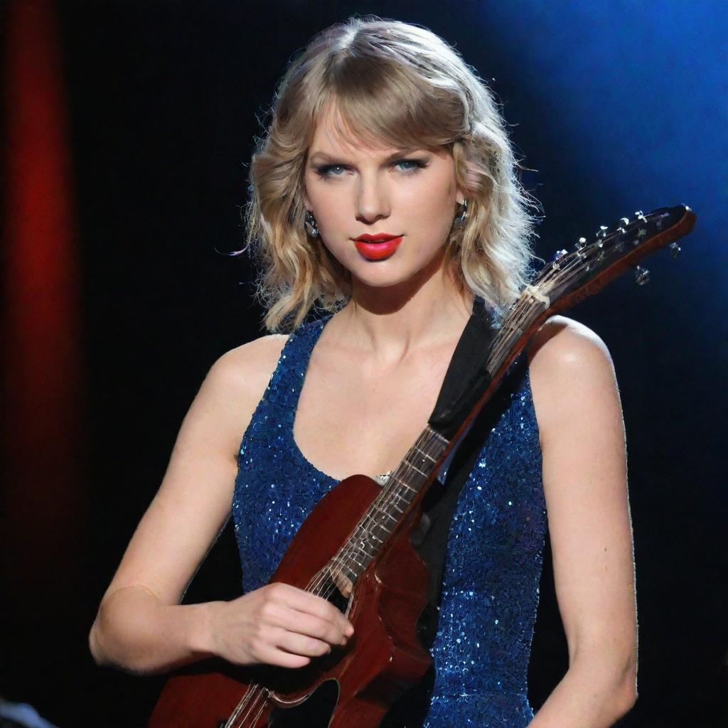 A portrait of Taylor Swift with her signature blonde hair, sparkling azure eyes, and red lipstick, standing on a stage, holding a guitar, under the limelight.