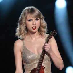 A portrait of Taylor Swift with her signature blonde hair, sparkling azure eyes, and red lipstick, standing on a stage, holding a guitar, under the limelight.