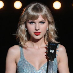 A portrait of Taylor Swift with her signature blonde hair, sparkling azure eyes, and red lipstick, standing on a stage, holding a guitar, under the limelight.