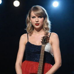 A portrait of Taylor Swift with her signature blonde hair, sparkling azure eyes, and red lipstick, standing on a stage, holding a guitar, under the limelight.