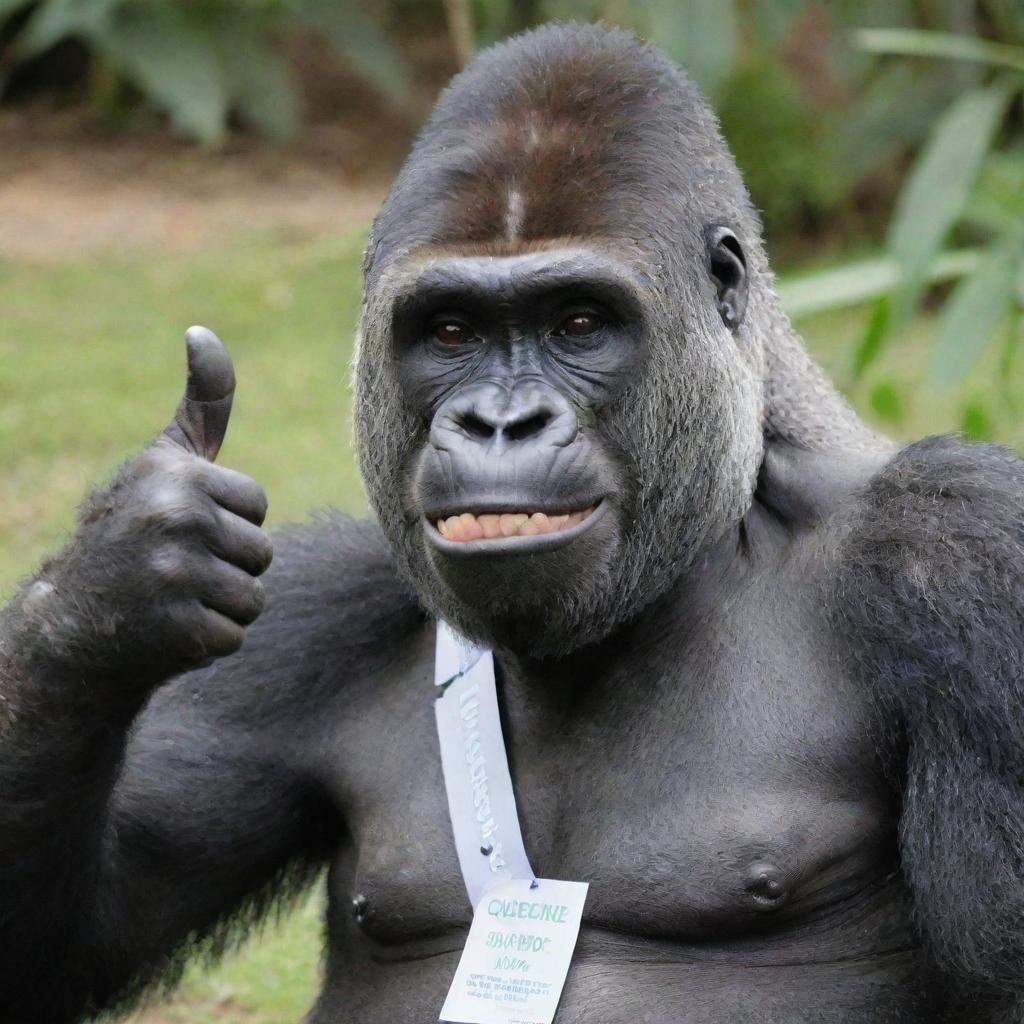 A happy gorilla giving a thumbs up, with a name tag labeled 'Queenie Castilon'.