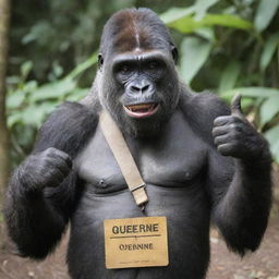 A happy gorilla giving a thumbs up, with a name tag labeled 'Queenie Castilon'.